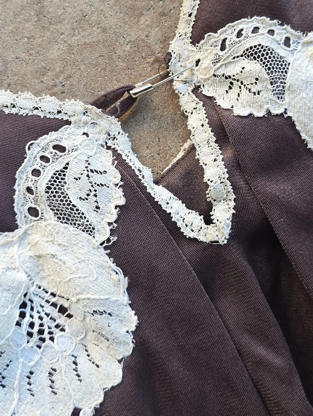 Vtg 60s 70s Vassarette Brown Lace Maxi Slip DRESS Gown Sz 34
